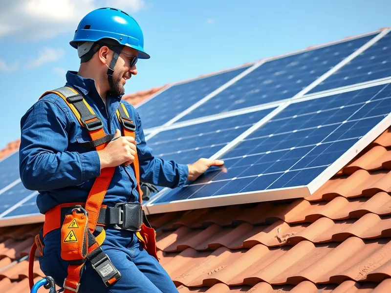 Installateur RGE pose panneau solaire sur toiture en harnais de sécurité